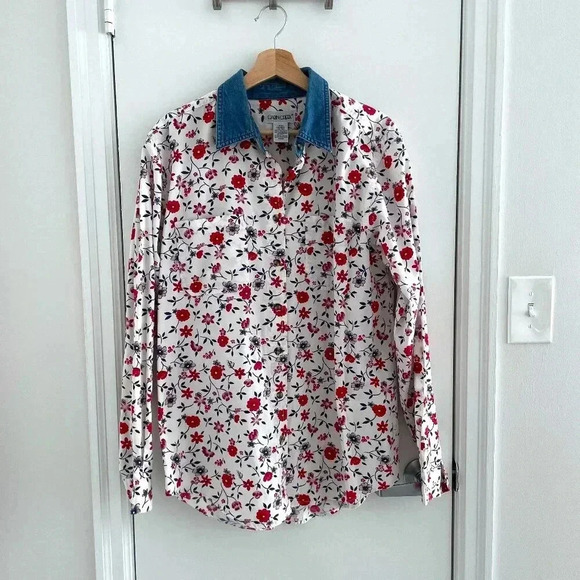 Cabin Creek Floral 100% Cotton Button Down Blouse, Women Size Large 12/14 - Picture 1 of 10